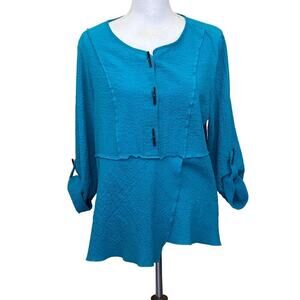 Ali Miles turquoise top, LP, artsy, art teacher, asymmetric, lagenlook, textured